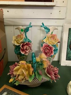 Vintage Italian Ceramic Floral Vases & Basket