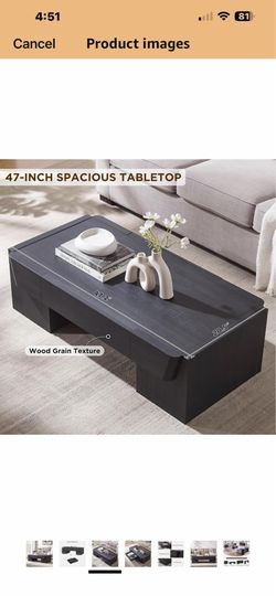 JXQTLINGMU 47" Modern Coffee Table with Storage, Wood Large Coffee Table with Drawer, Rectangle Center Table for Living Room, Black   46 $130
