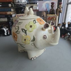 Vintage Rhino Cookie Jar Ceramic Canister Hand Painted Birds MCM 1960's 11x11x8"