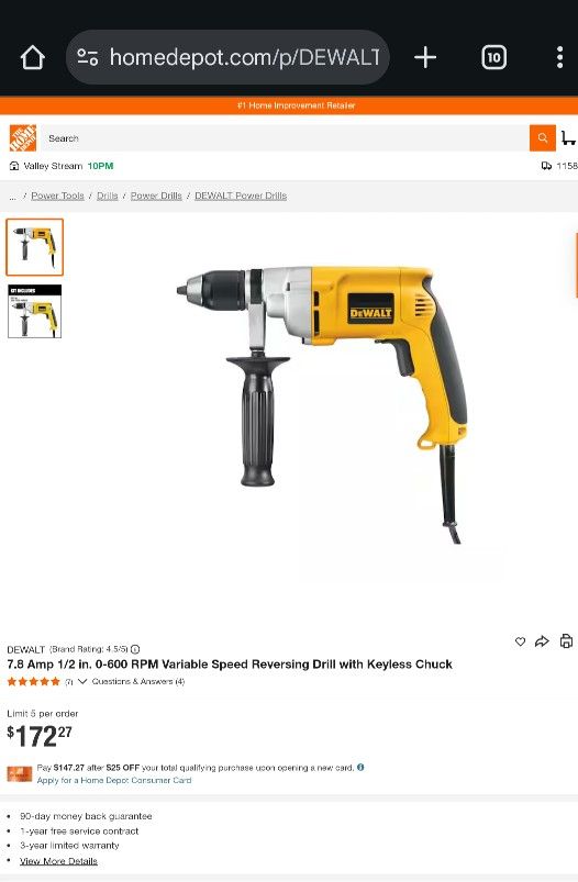 Drill DEWALT Reversing Drill Corded with Keyless Chuck, 7.8 Amp, 1/2-Inch (DW246)