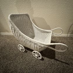 Vintage White Wicker Baby Doll Stroller Carriage 20x14x11”