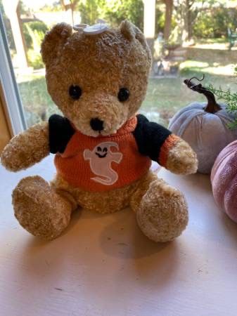 Vintage Halloween Teddy Bear Orange and Black Ghost Sweater
