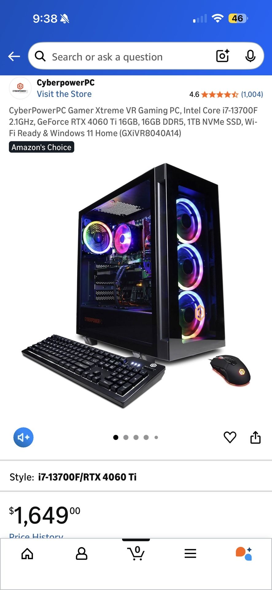 CyberPowerPC Gamer Xtreme VR Gaming PC, Intel Core i7-13700F 2.1GHz, GeForce RTX 4060 Ti 16GB, 16GB DDR5, 1TB NVMe SSD, Wi-Fi Ready & Windows 11 Home