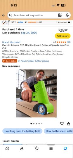 Electric Scissors, 320 RPM Cardboard Cutter, 4 Speeds Jam-Free Cut 60Min Runtime, 2000mAh Cordless Box Cutter for Home, Warehouse, DIY-Effortless Cut