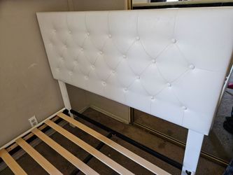 Queen White Tufted Upholstered Platform Bed Frame – Wood Slats – Modern