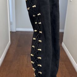 Thigh high Black Suede Pants with Gold Lace-Up Detail. Size 8.5