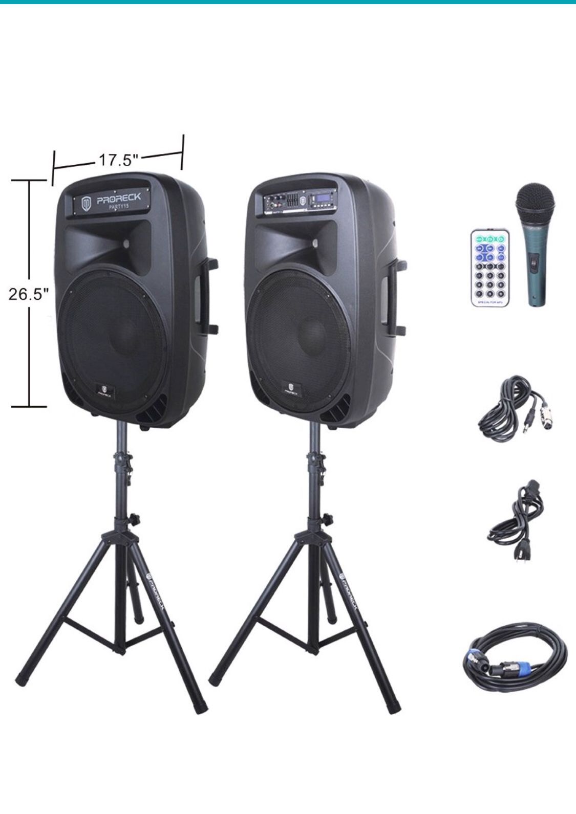 PRORECK PARTY 15 Portable 15-Inch 2000 Watt 2-Way Powered PA Speaker System Combo Set with Bluetooth/USB/SD Card Reader/ FM Radio/Remote Control/LED
