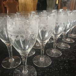 Pristine Set of 12 Vintage Fostoria "Cloverleaf" Etched Crystal Wine Goblets