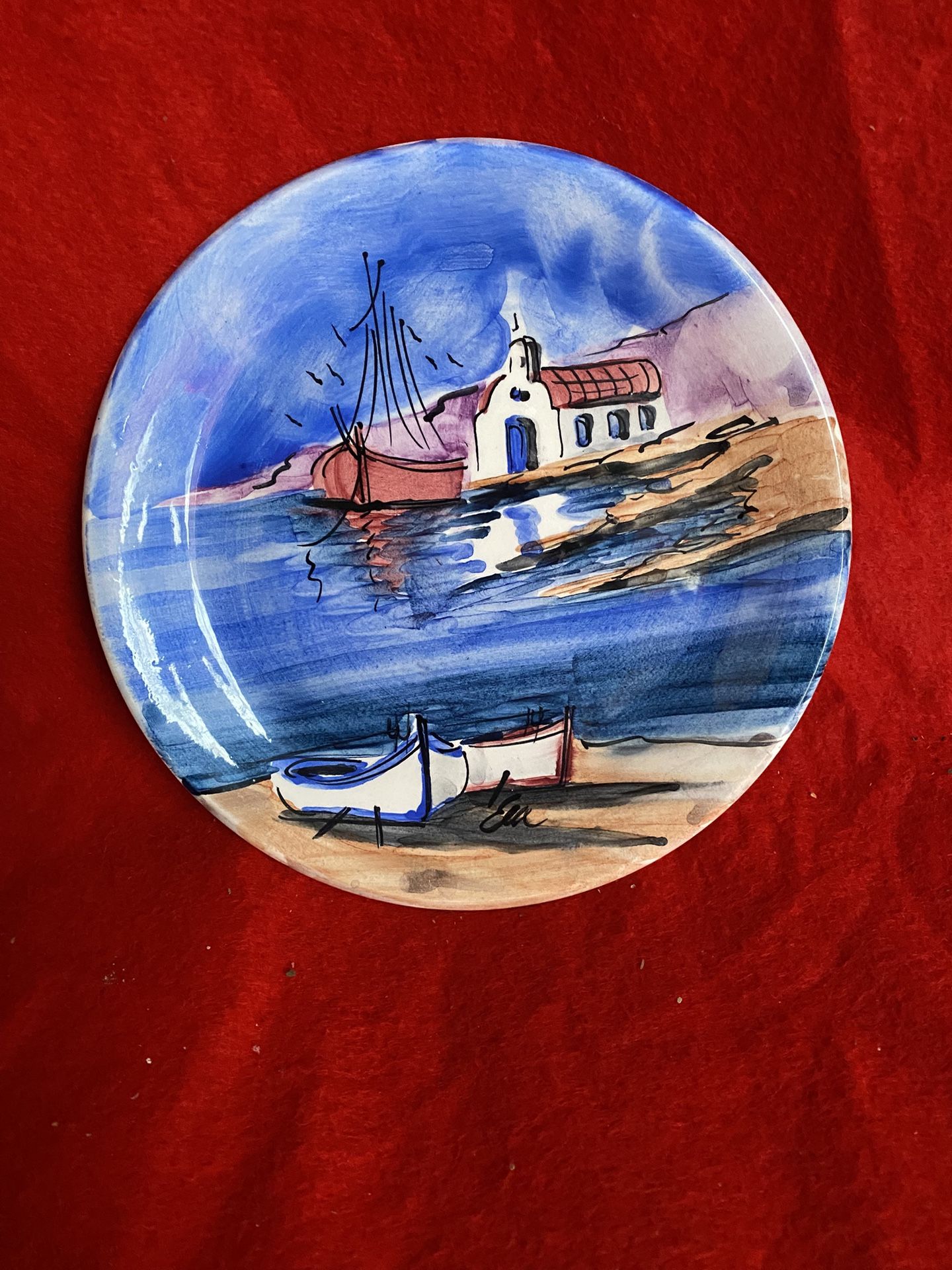 7.5 Inch Handmade Hand Painted Blue Ceramic Wall Hanging Plate Imported From Greece