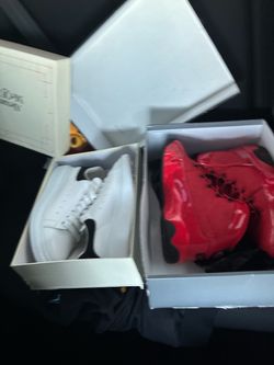 Red Jordan 9s size 9.5 and some white mcqueens size 9.5 as well I work with offers to