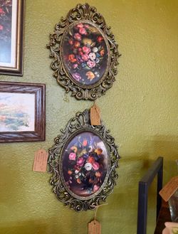 Vintage brass framed silk floral art