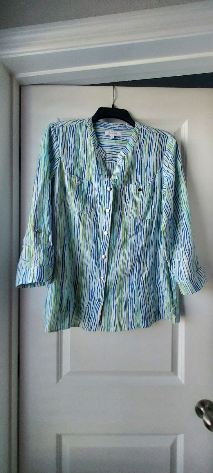 Coral Bay Womens L Striped Top L Linen Button 3/4 Roll Tab Sleeves Nautical READ