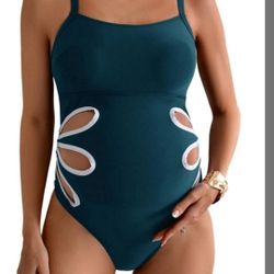Stunning Women's Maternity One Piece Swimsuit Teal White L