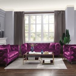 Brand New Purple Tufted Sofa and Love Seat Set