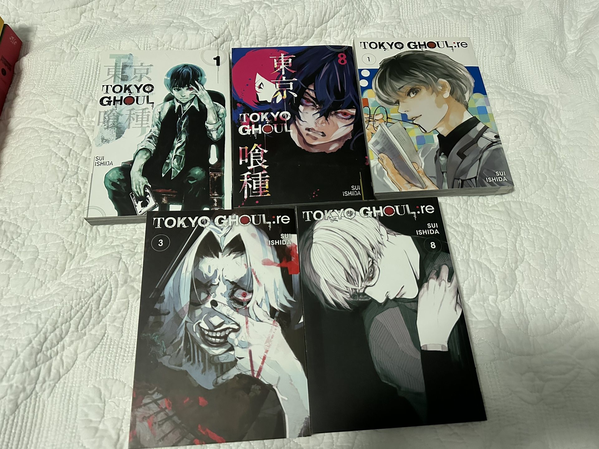 TOKYO GHOUL RE:, volumes 1, 3, and 8.
