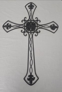 Vtg 24" Large Black Metal Fleur De Lis Cross Wall Hanger Decor Christianity Goth