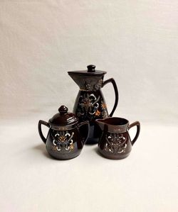Vintage Made In Japan Hand Painted Moriage Redware clay Teapot/Pitcher, Creamer & Sugar