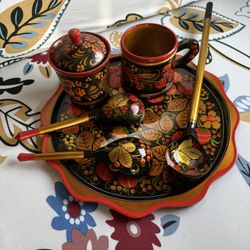 Genuine Vintage Russian Khokhloma Painted Wooden Decor Set w Spoons Tray Vessels