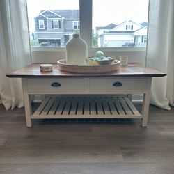 Boutique Farmhouse Coffee Table – Solid Wood Top & Storage Drawers