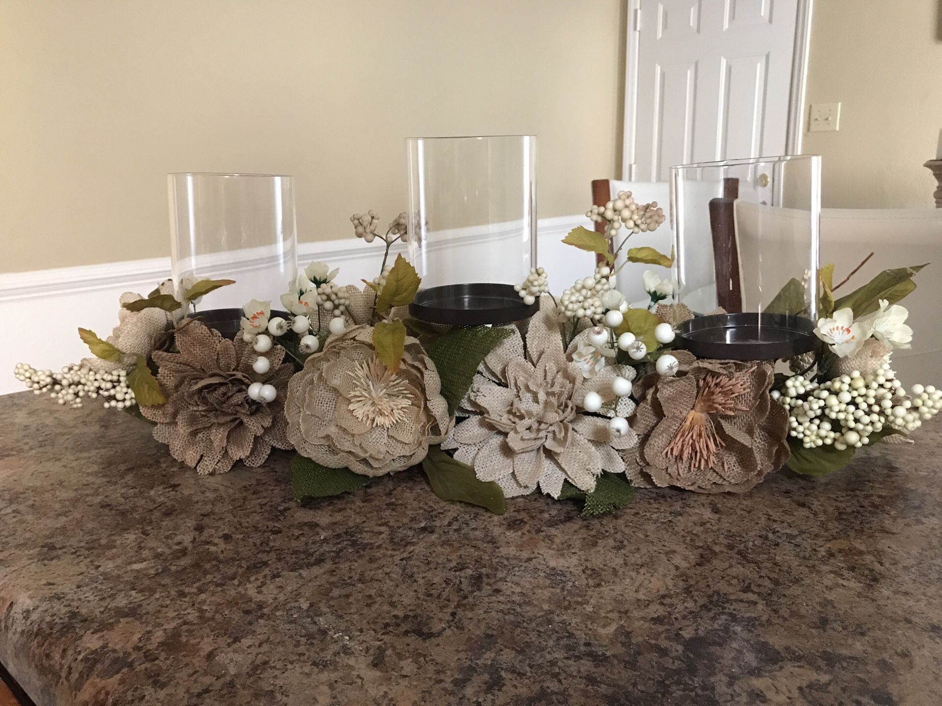 Burlap dahlia and peony centerpiece from KIRKLAND’S