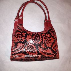 Red Leather, Leaves Embossed Handbag