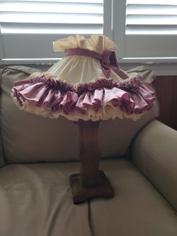 Vintage wooden table lamp with handmade ruffled shade