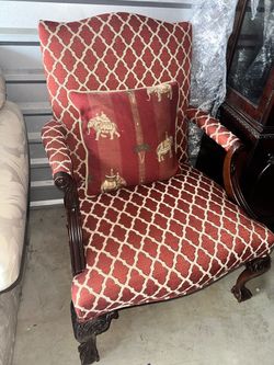 Vintage Mid-Century Arm Chair Fireside Reading Ornate Wood +Pillow