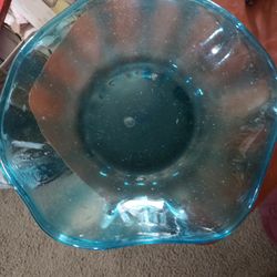 Vintage Peacock Blue Hand Blown Fruit Plate