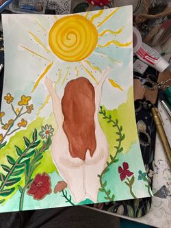 Original Watercolor Painting Sun and Flowers