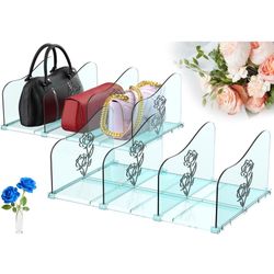 Brand New 2-Pack Rose Purse Organizers for Closet, Adjustable Large Shelf Divider Rack, Clear Blue Handbag Storage Organizer, Plastic Bookshelf Separa