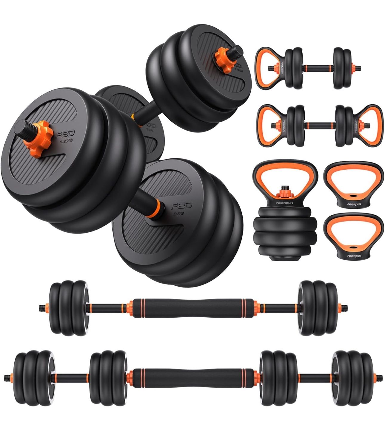 FEIERDUN Adjustable Dumbbells, 50lbs Free Weight Set with Connector, 5 in1 Dumbbells Set Used as Barbell, Kettlebells, Push up Stand,
