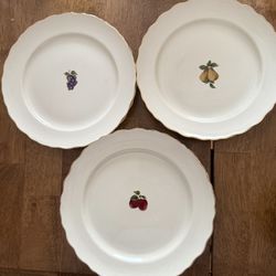 Dishes with Fruit picture trimmed with Gold-9 inch round-4 Cherry-2-Grapes and 2-Pears