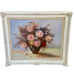 Oil Painting Flower Roses Arrangement in Vase Still Life White Frame Moody MCM