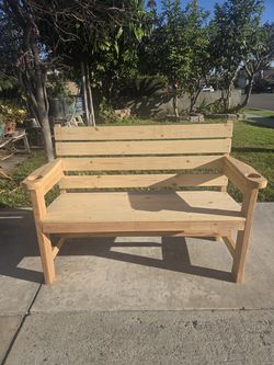 Handmade Pine Wood Garden Bench w/Armrests & Drink Holder