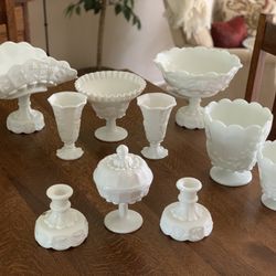 Vintage Milk Glass collection fruit bowls/Planters/ Candle Holders/Lidded Candy  Dish