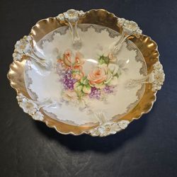 Antique Germany Gilt Gold Sevres French Raised Rose Porcelain Bowl 10.5"