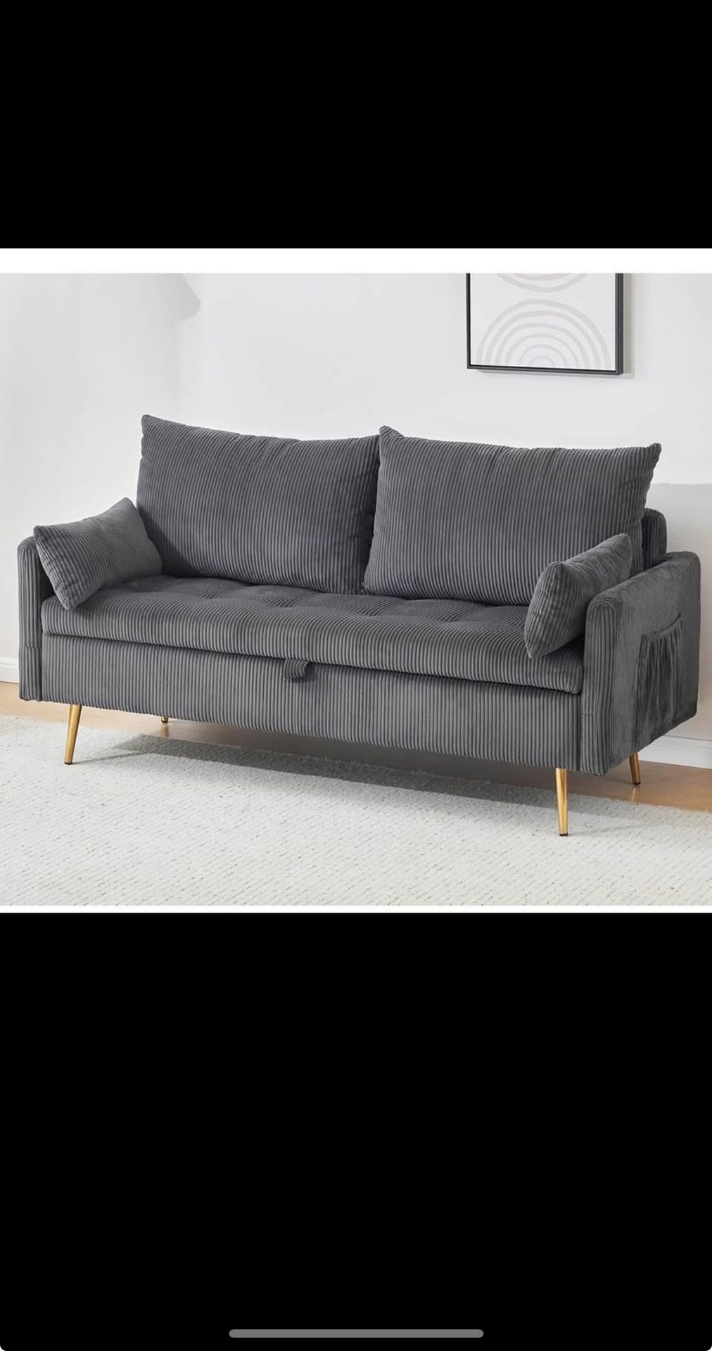 (We Have Delivery)Furnimart 2-Seater Storage Loveseat for Small Spaces, 62“ Corduroy Couch with Removable Cushion Cover and Metal Leg for Bedroom,