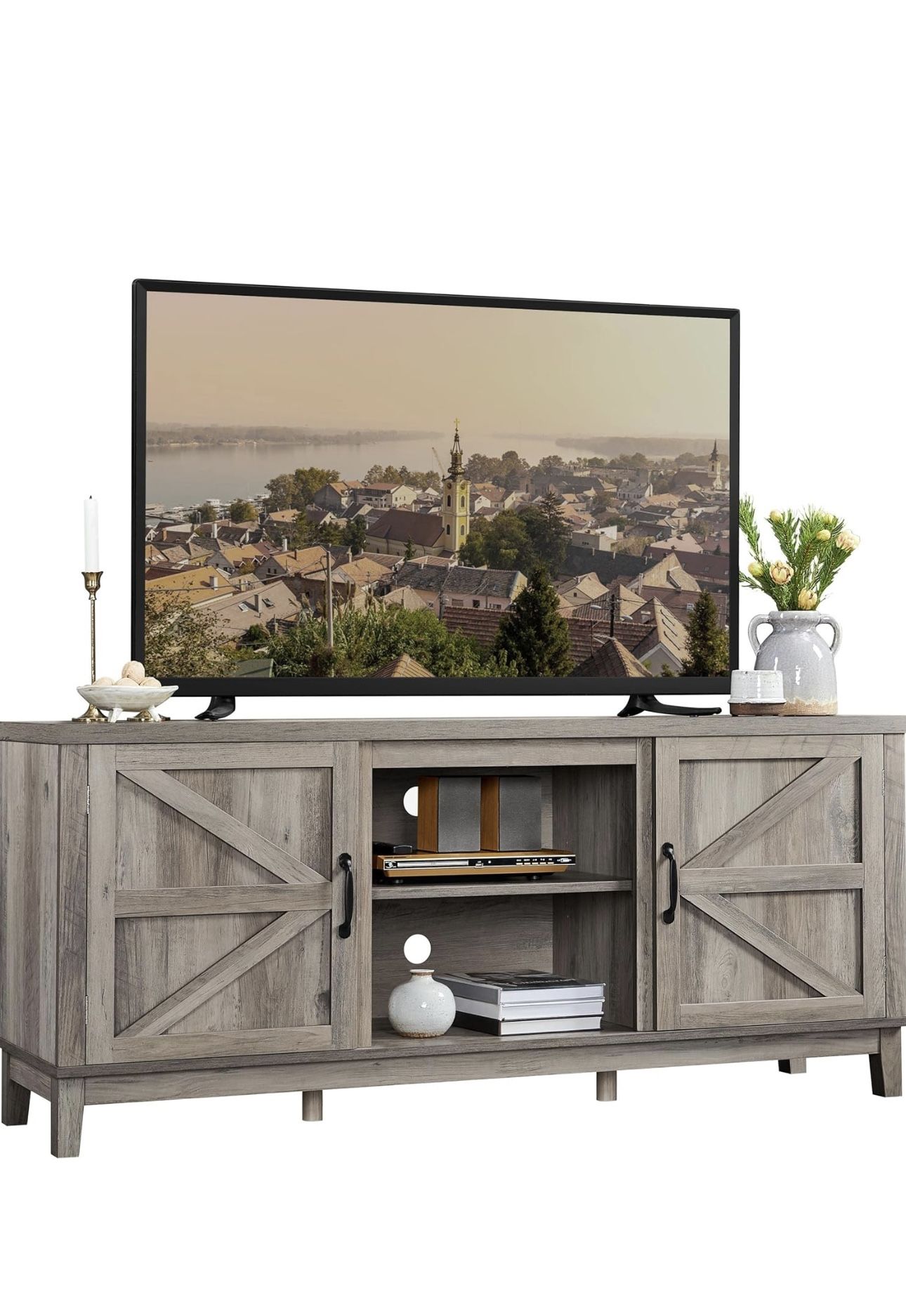 Yaheetech TV Stand for 65 Inch TV, Farmhouse TV Console Table for Living Room, Tall Entertainment Center with Double Barn Doors for Bedroom, Gray