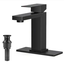 androme Single Handle Single Hole Rectangular Bathroom Faucet with Pop-up Drain and PEX supply line in Matte Black