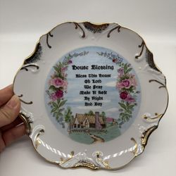 Vintage House Blessing Religious Floral Ceramic Wall Plate/18KT Trim Round ~8" Japan