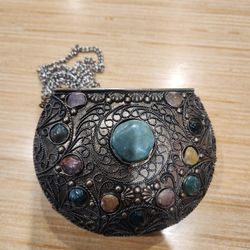 Vintage Sajai Metal & Agate Box Coin Purse