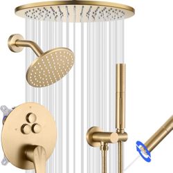 Shower System Brushed Gold, Push Button Diverter Shower Faucet Ceiling Mount 10 Inch Shower Head with 6 Inch Wall Mount Shower Head 