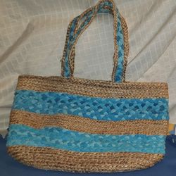 Chico Blue Striped Woven Straw Beach/Overnight Tote Bag

