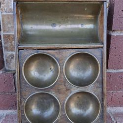 SUPER RARE~ ANTIQUE PRIMITIVE MANUAL COIN BOX OAK WOOD COPPER DECORATION RETAIL....asking 60.00