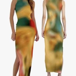 Women's Casual Tie-Dye Bodycon Maxi Dress Sleeveless Tank Wrap Split Beach Party Long Dresses