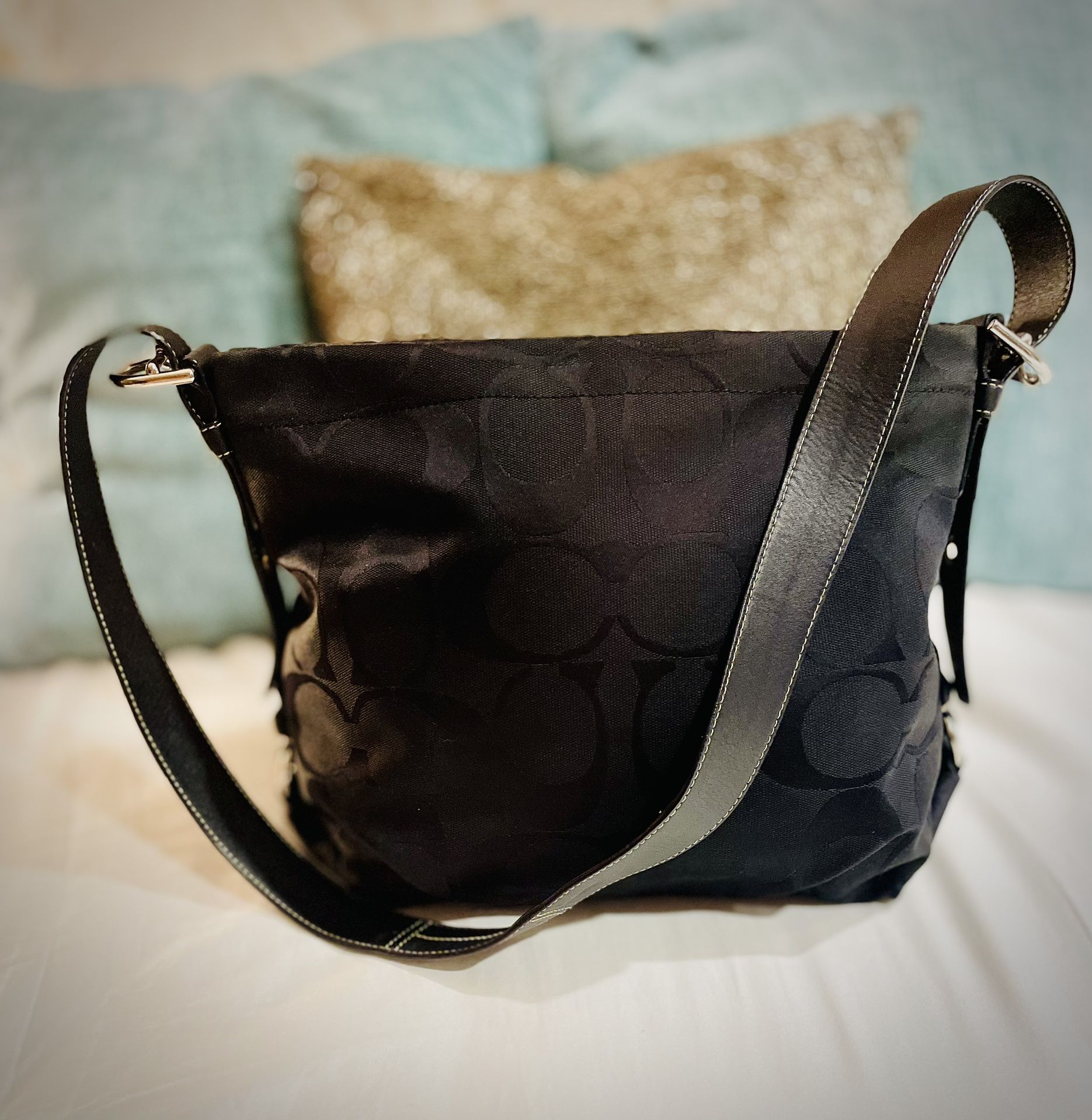 COACH Signature Black Canvas Leather Crossbody Hobo Shoulder Bag 