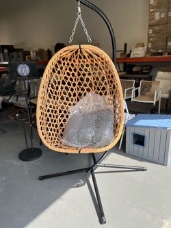 New-Egg Chair with Stand, Patio Wicker Bifanuo Hanging Chair, Hammock Swing Chair, 350LBS Capacity for Bedroom, Balcony, Garden (YE-GR)