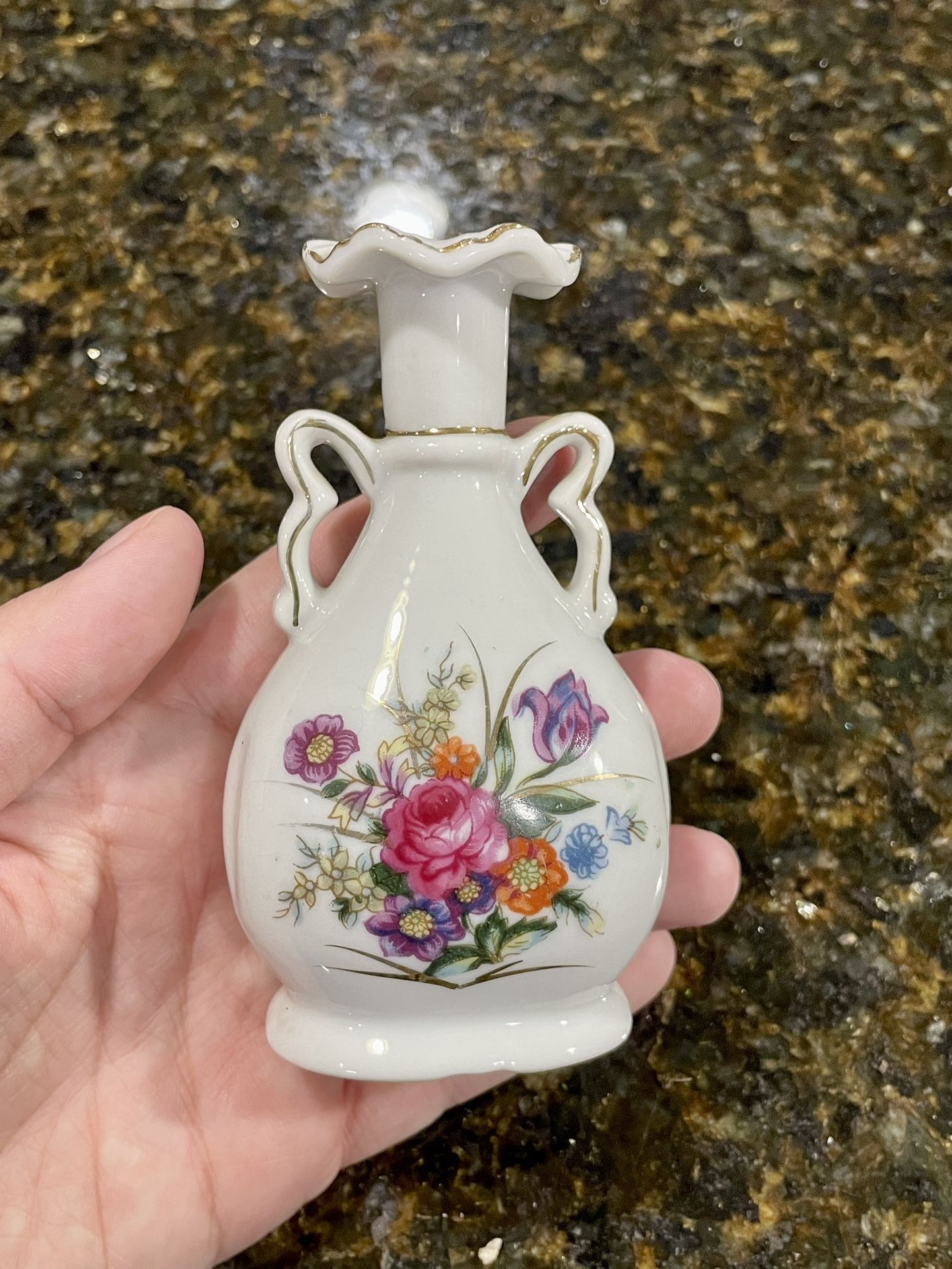 Vintage porcelain perfume bottle vase floral gold trim Japan approx 4” tall