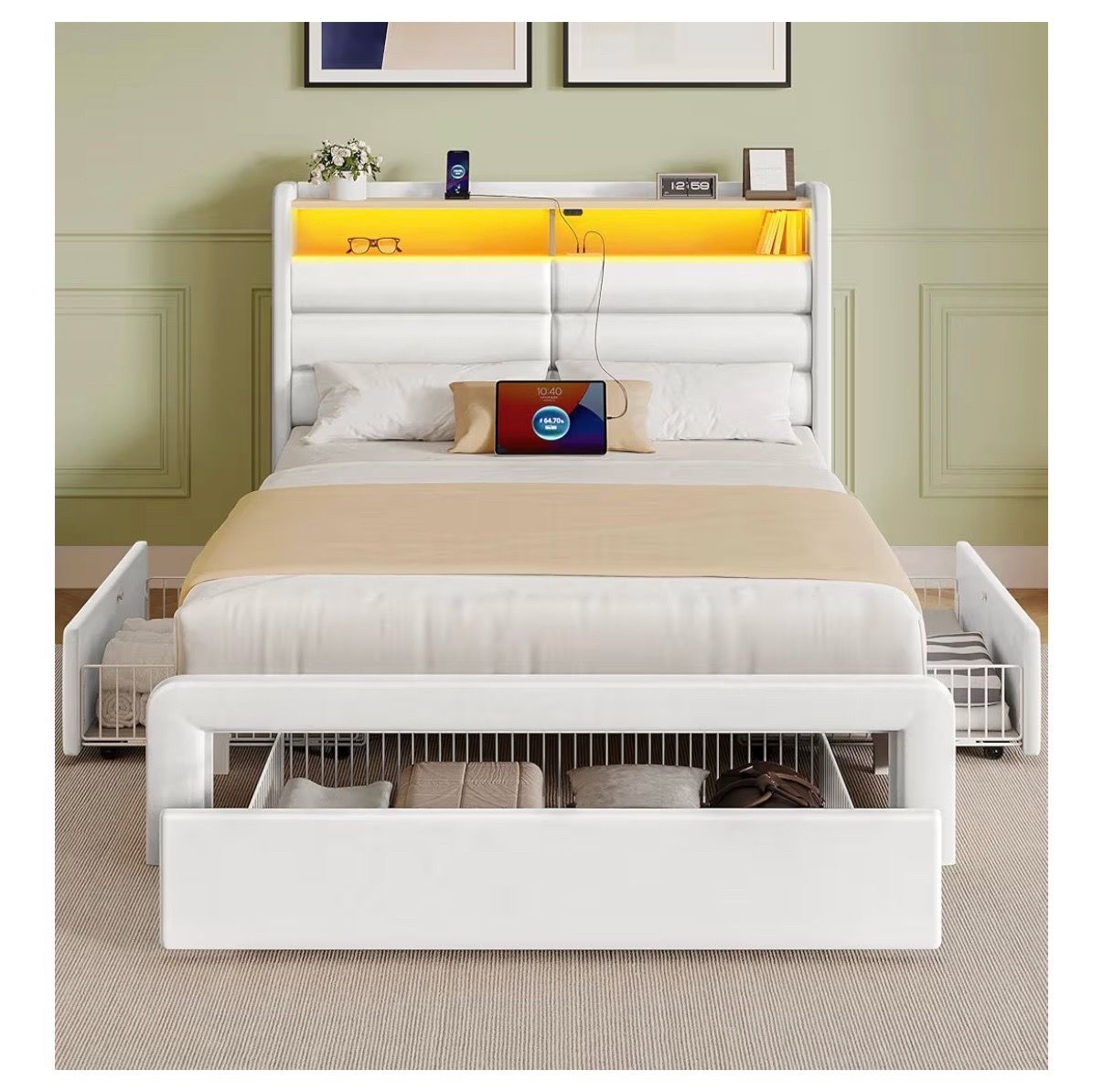 Queen Bed Frame with Storage Drawers Charging Station LED Light