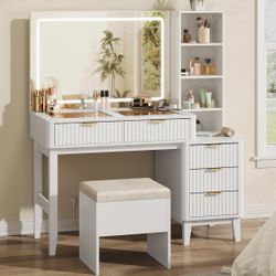 Vanity Desk with Mirror and Lights, Makeup Table with 5 Drawers and Storage Shelves